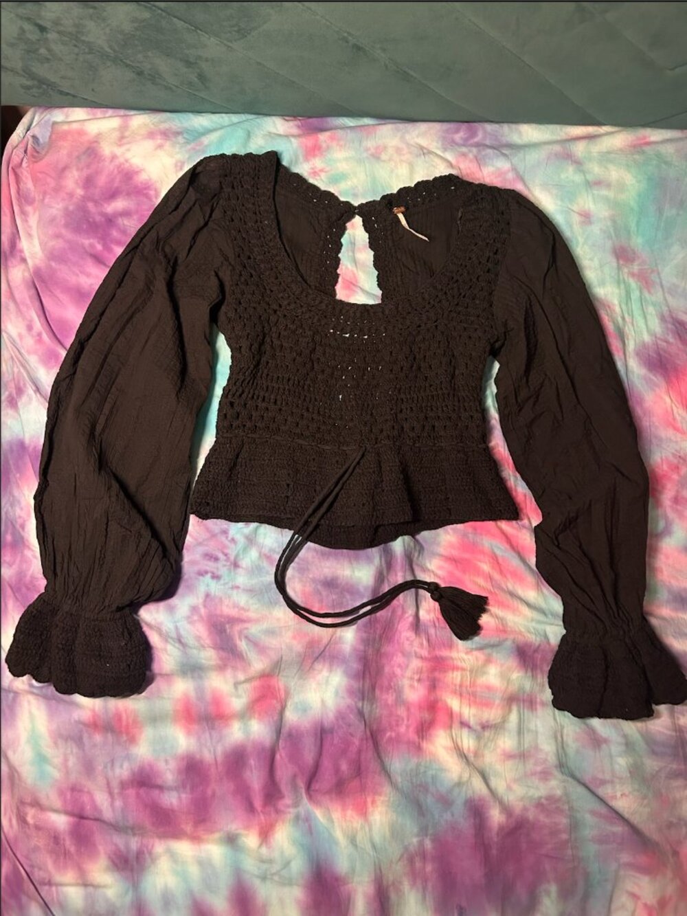 Free People "Megan" Top- Boho Beachy Crochet with Bell Sleeves, Black, Size XS